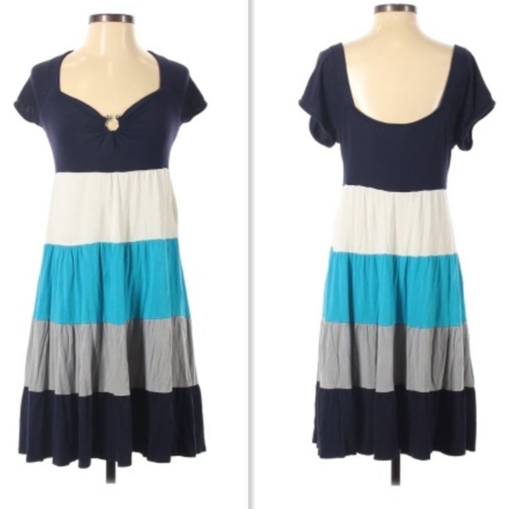 INC International Concepts Blue White Grey Stripe Ring-Detail A-Line Dress Sz M